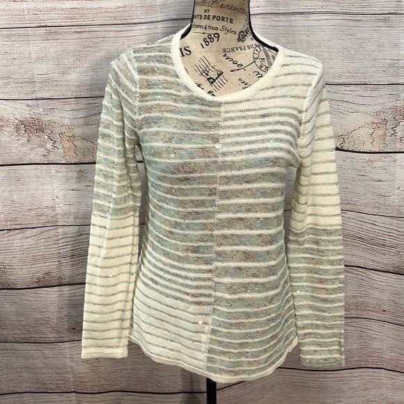 Peace of Cloth Sweater Sequins Crewneck Striped Pop of Sparkle Cotton Linen XS - Picture 1 of 9